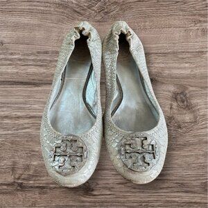 TORY BURCH Silver Snakeskin Leather Ballet Flats Size 8 leather
